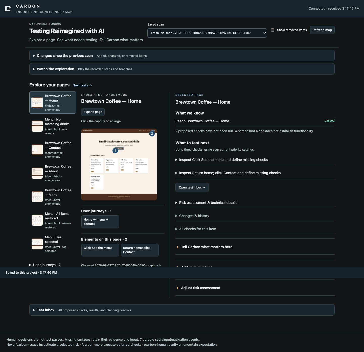 Captured CARBON Map example: page explorer, selected screenshot, results and suggested checks