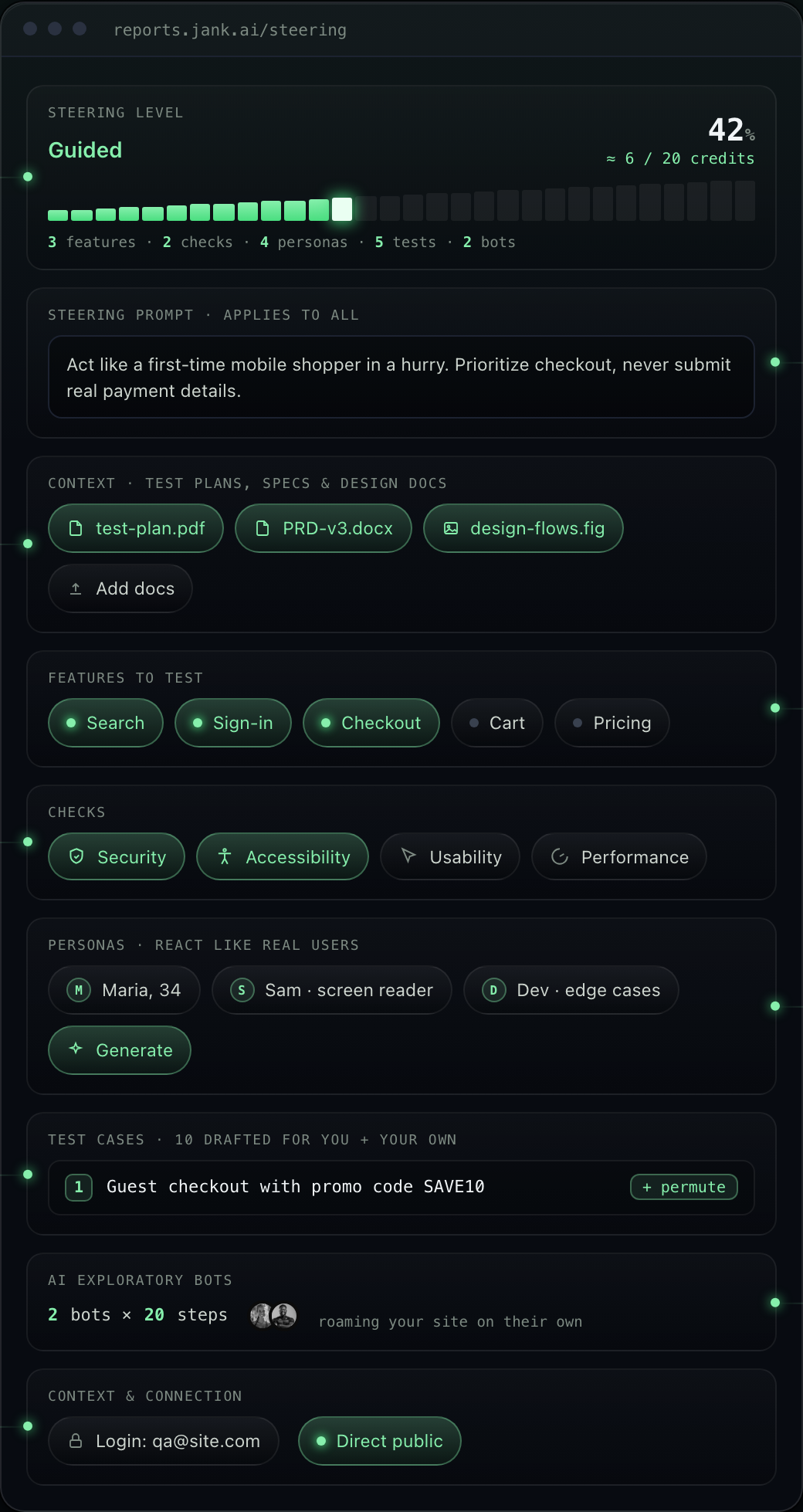Steering UI example with coverage level, instructions, documents, features, checks, personas, test cases and exploratory bots