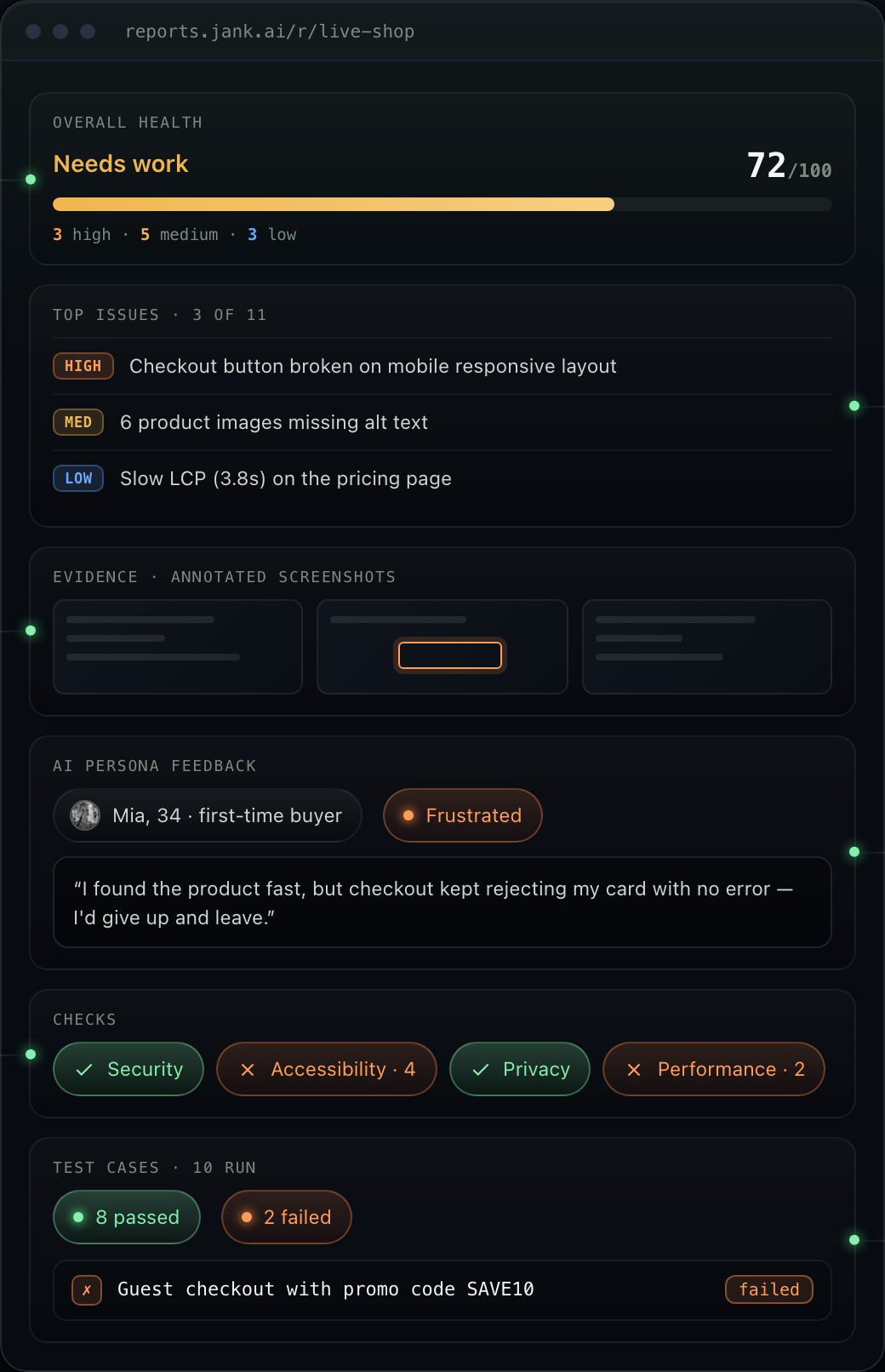Cloud report UI example showing quality scores, findings and follow-up actions