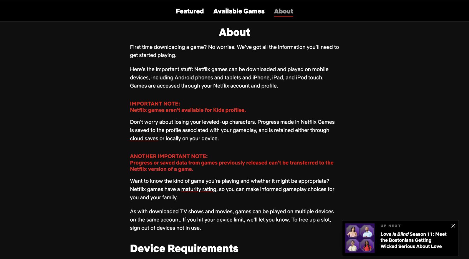 Netflix games About and device information