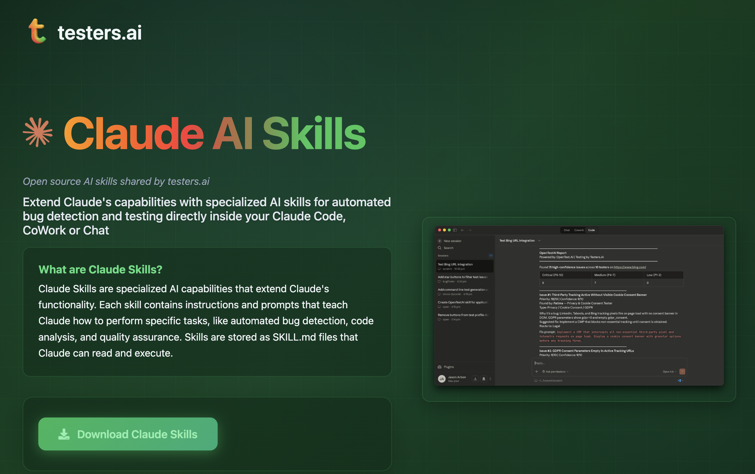 Claude AI Skills - OpenTestAI Bug Detection & Testing | testers.ai