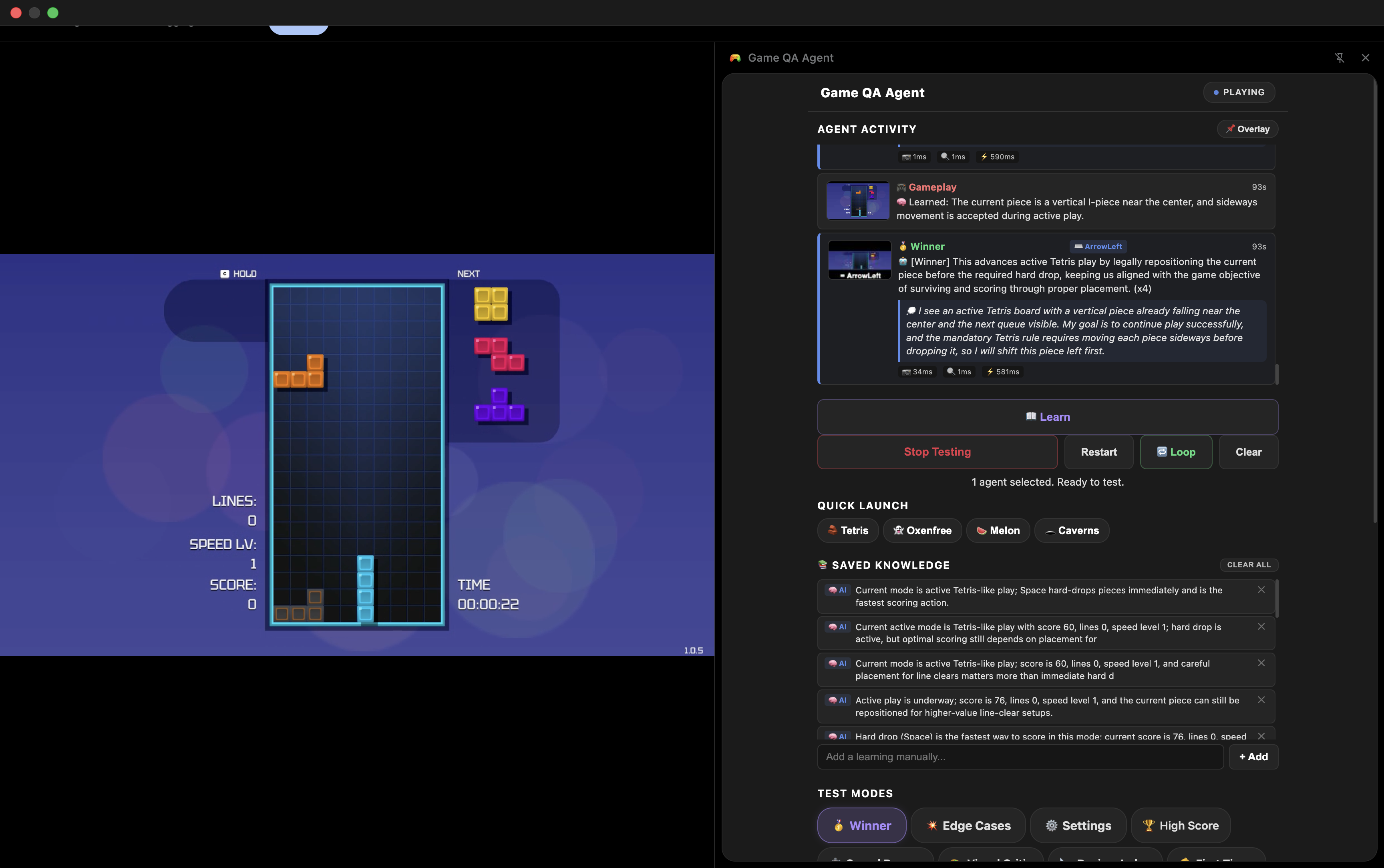 AI testing agents playing Tetris